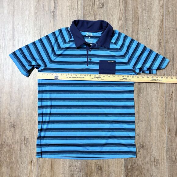 Oakley Polo Shirt Mens Medium Blue Striped HYDROLIX Performance Golf Regular Fit - Picture 5 of 8